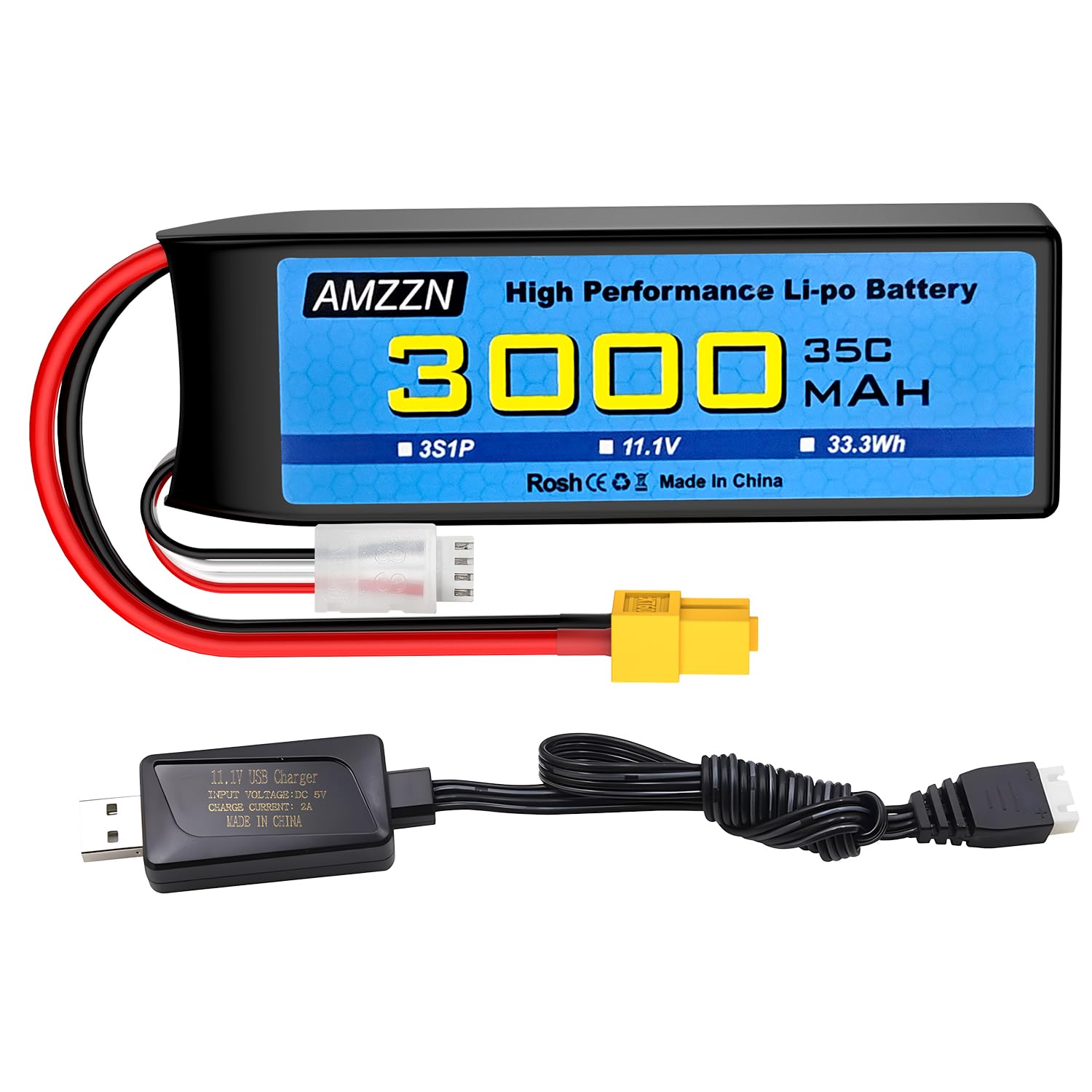 AMZZN 3S Lipo Battery 11.1V 3000mAh 35C with XT-60 Plug and USB